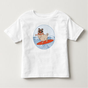 Wave riding happy pug dog on surfboard  toddler T-Shirt
