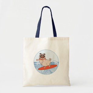 Wave riding happy pug dog on surfboard tote bag