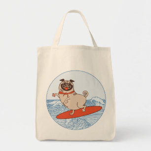 Wave riding happy pug dog on surfboard    tote bag