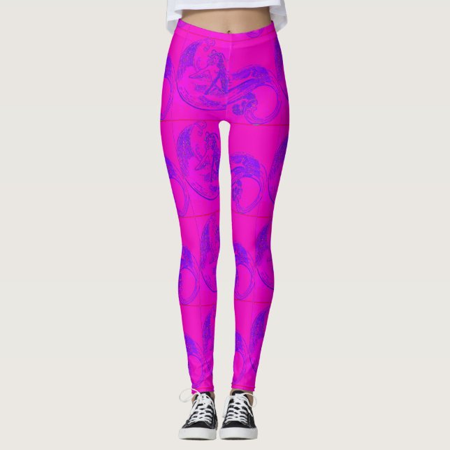 wave-riding mermaids pink leggings (Front)