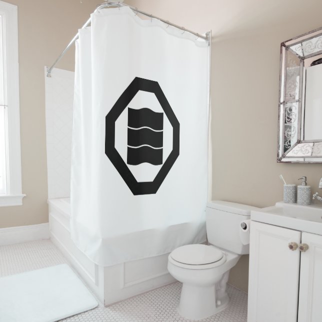 Wave-shaped kanji characters for three on tray shower curtain (In Situ)