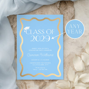 Wave Sky Blue Gold Graduation Party Invitation
