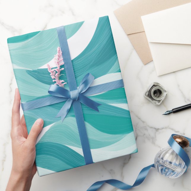 Wave Teal Aqua Motion White Abstract Pattern Wrapping Paper (Gifting)