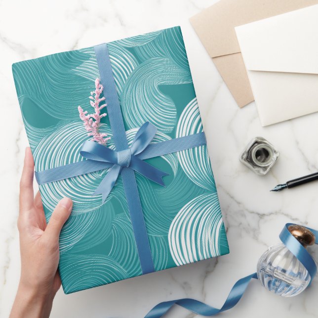 Wave Teal Aqua Motion White Abstract Pattern Wrapping Paper (Gifting)