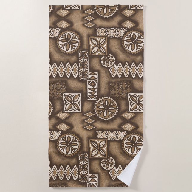 Wave Warrior Hawaiian Primitive Tapa - Brown Beach Towel (Front)