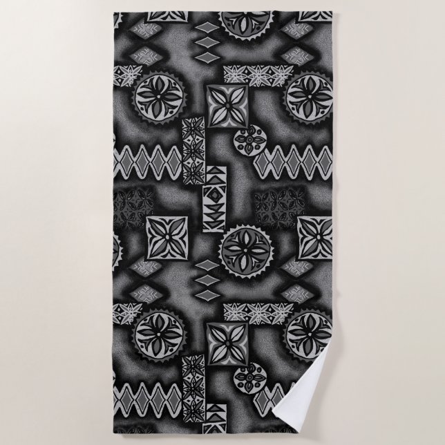 Wave Warrior Hawaiian Primitive Tapa - Grey Beach Towel (Front)