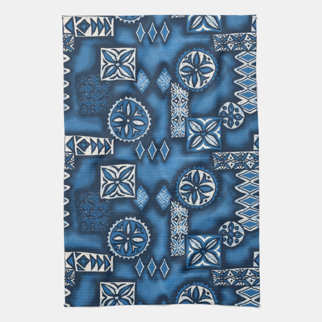 Wave Warrior Hawaiian Tapa Tea Towel (Vertical)