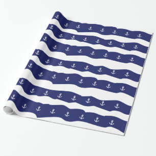 Waves and Anchors Nautical Giftwrap Navy Blue Wrapping Paper