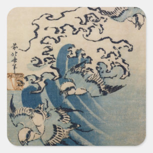 Waves and Birds, c.1825 (colour woodblock print) Square Sticker