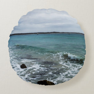 Waves And Fishing Boats On The Ocean, Round Cushion