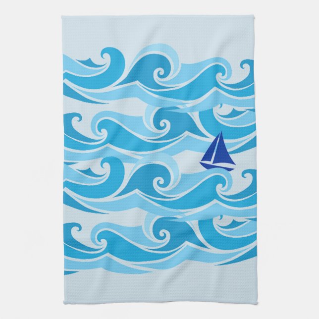 Waves and sail boat in the Ocean Tea Towel (Vertical)