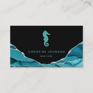 waves blue seahorse design on black business card