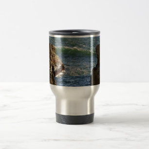 WAVES BREAKING AT THE ROCKY CALIFORNIA COAST TRAVEL MUG