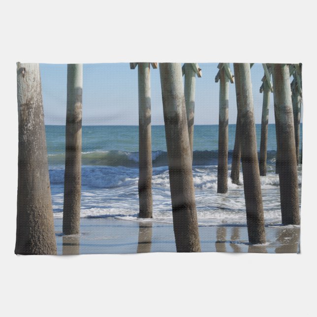 Waves Breaking Under the Pier at Myrtle Beach Tea Towel (Horizontal)