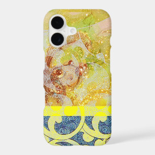 WAVES / Bright Yellow Blue Swirls in Gold Sparkles