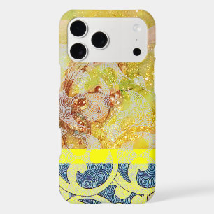WAVES / Bright Yellow Blue Swirls in Gold Sparkles