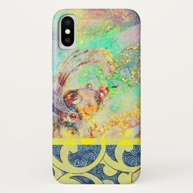 WAVES / Bright Yellow Blue Swirls in Gold Sparkles Case-Mate iPhone Case (Back)