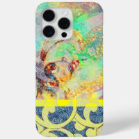 WAVES / Bright Yellow Blue Swirls in Gold Sparkles