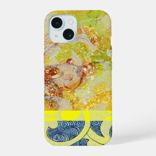 WAVES / Bright Yellow Blue Swirls in Gold Sparkles iPhone 15 Case