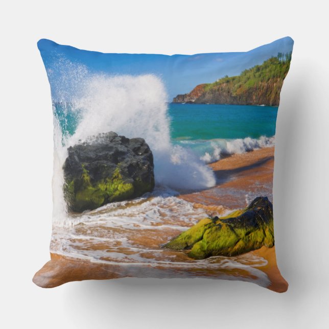 Waves crash on the beach, Hawaii Cushion (Front)