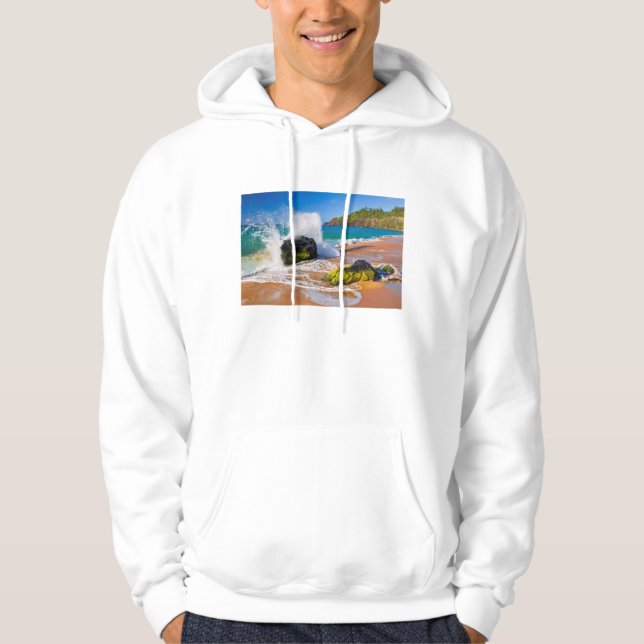 Waves crash on the beach, Hawaii Hoodie (Front)