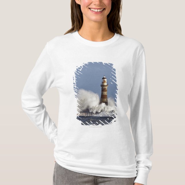 Waves Crashing Against Roker Lighthouse T-Shirt (Front)