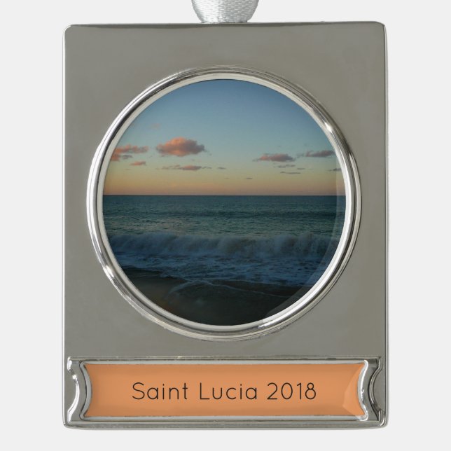 Waves Crashing at Sunset Beach Landscape Silver Plated Banner Ornament (Front)