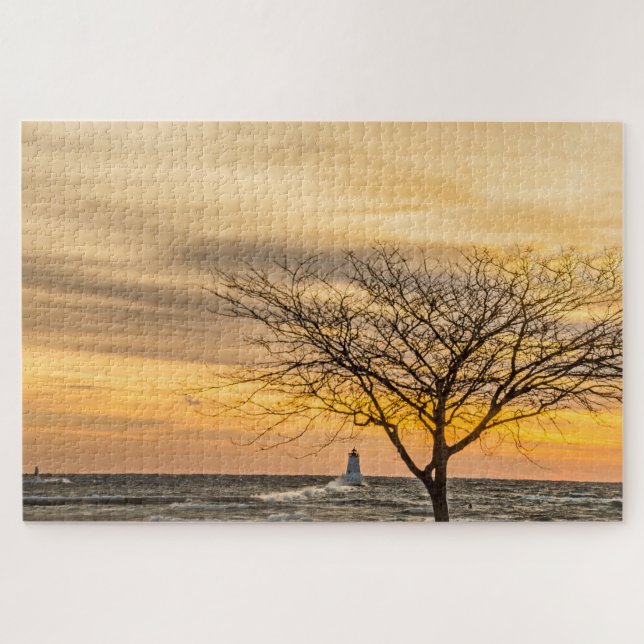 Waves Crashing Into Ludington's Light Jigsaw Puzzle (Horizontal)