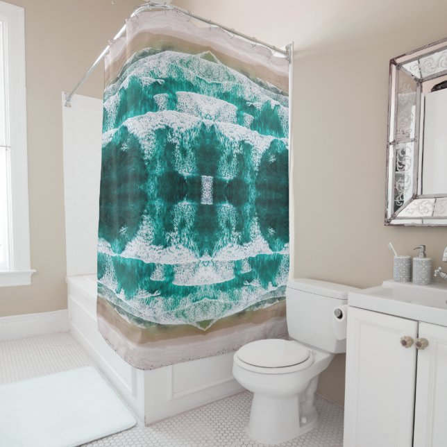 Waves crashing on a sandy beach x-large pattern shower curtain (In Situ)