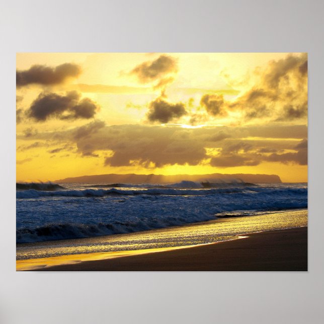 Waves Crashing on Kauai Beach at Sunset Poster (Front)