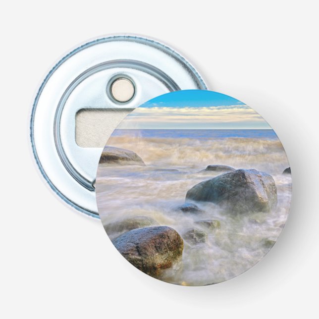 Waves crashing on shoreline rocks bottle opener (Front)