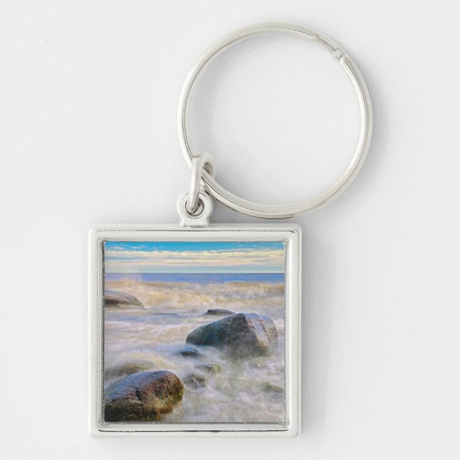 Waves crashing on shoreline rocks key ring (Front)
