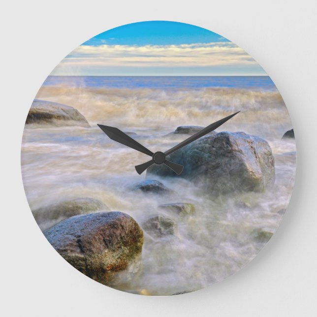 Waves crashing on shoreline rocks large clock (Front)