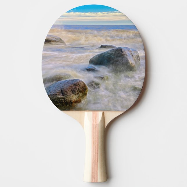 Waves crashing on shoreline rocks ping pong paddle (Front)