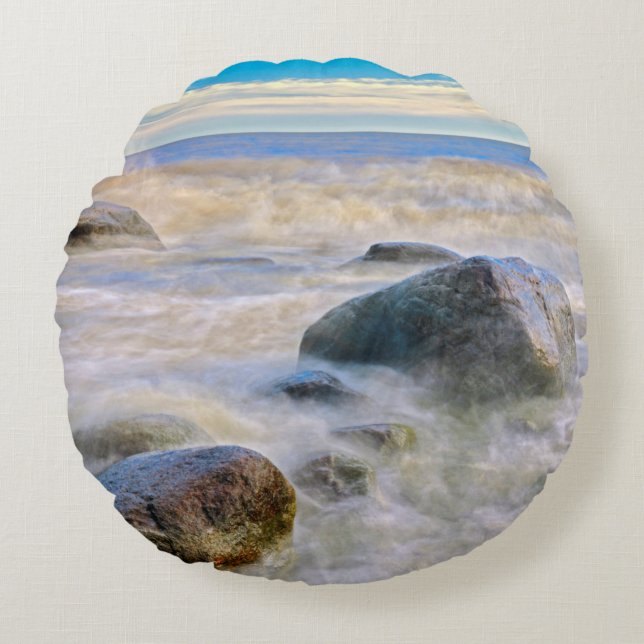 Waves crashing on shoreline rocks round cushion (Front)