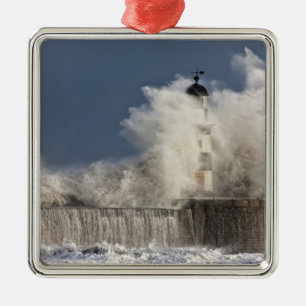 Waves Crashing Up Against A Lighthouse Metal Tree Decoration