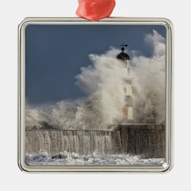 Waves Crashing Up Against A Lighthouse Metal Tree Decoration (Front)