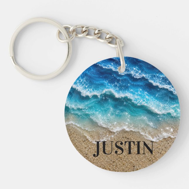 Waves Faux Resin Epoxy Beach Coastal Key Ring (Front)