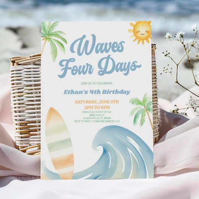 Waves Four Days Beach Surf Blue 4th Birthday Party Invitation (Creator Uploaded)