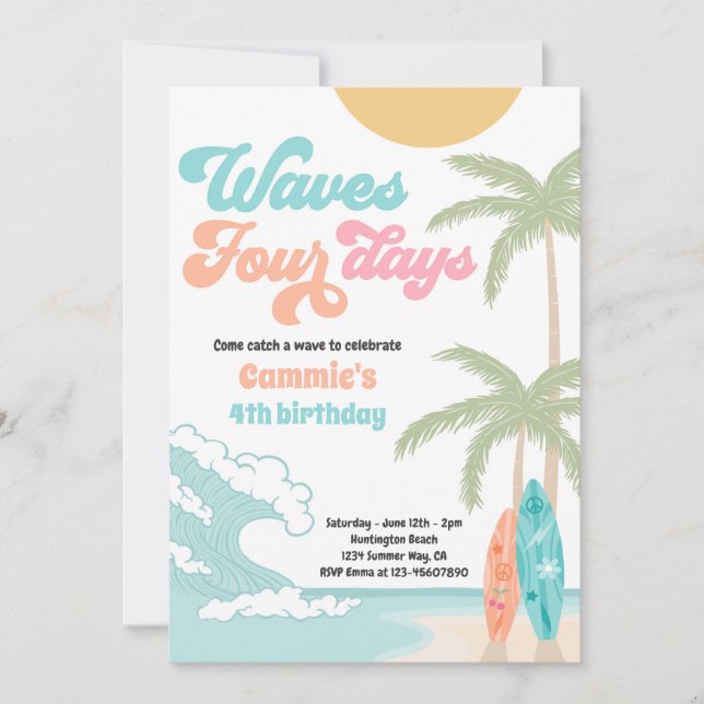Waves Four Days Retro Surf Beach 4th Birthday Invitation (Front)