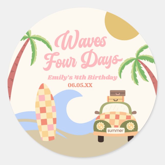 Waves Four Days Surf Board Pink 4th Birthday Party Classic Round Sticker (Front)