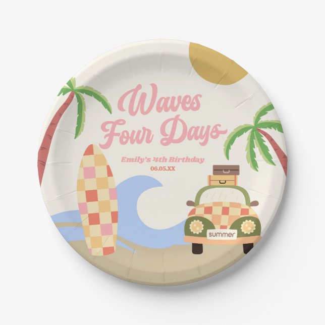 Waves Four Days Surf Board Pink 4th Birthday Party Paper Plate (Front)