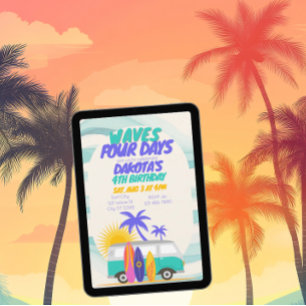 Waves Four Days Surf Van 4th Birthday Invitation