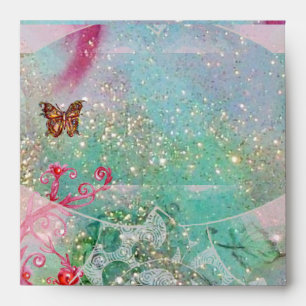 WAVES / GOLD BUTTERFLY IN BLUE SPARKLES SWIRLS ENVELOPE