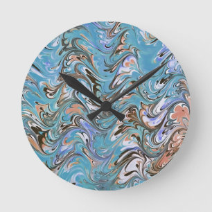 Waves In Blue Acrylic Pour Abstract Art Round Clock