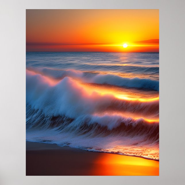 Waves In The Ocean with sunset Poster (Front)