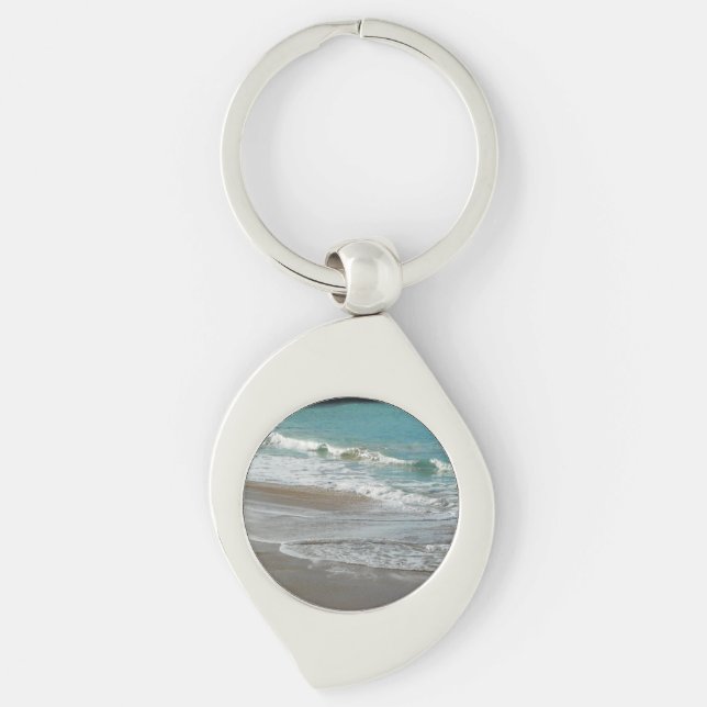 Waves Lapping on the Beach Turquoise Blue Ocean Key Ring (Front)