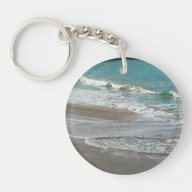 Waves Lapping on the Beach Turquoise Blue Ocean Key Ring (Front)