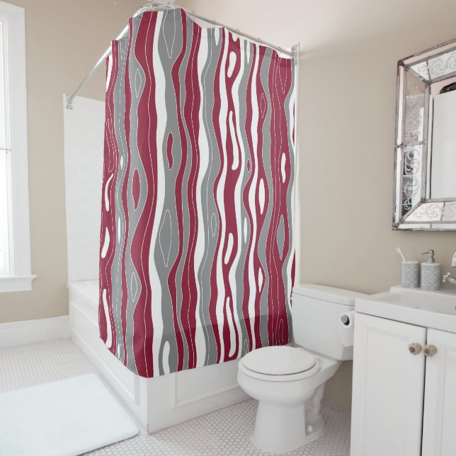Waves, lines, burgundy, grey, white pattern shower curtain (In Situ)