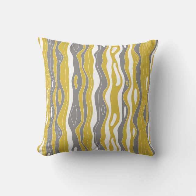Waves, lines, mustard yellow, grey, white cushion (Front)